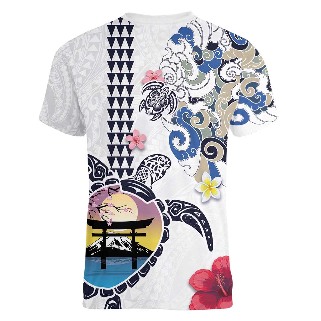 Hawaiian and Japanese Together Women V-Neck T-Shirt Japanese Culture and Turtle Kakau Tattoo White Color
