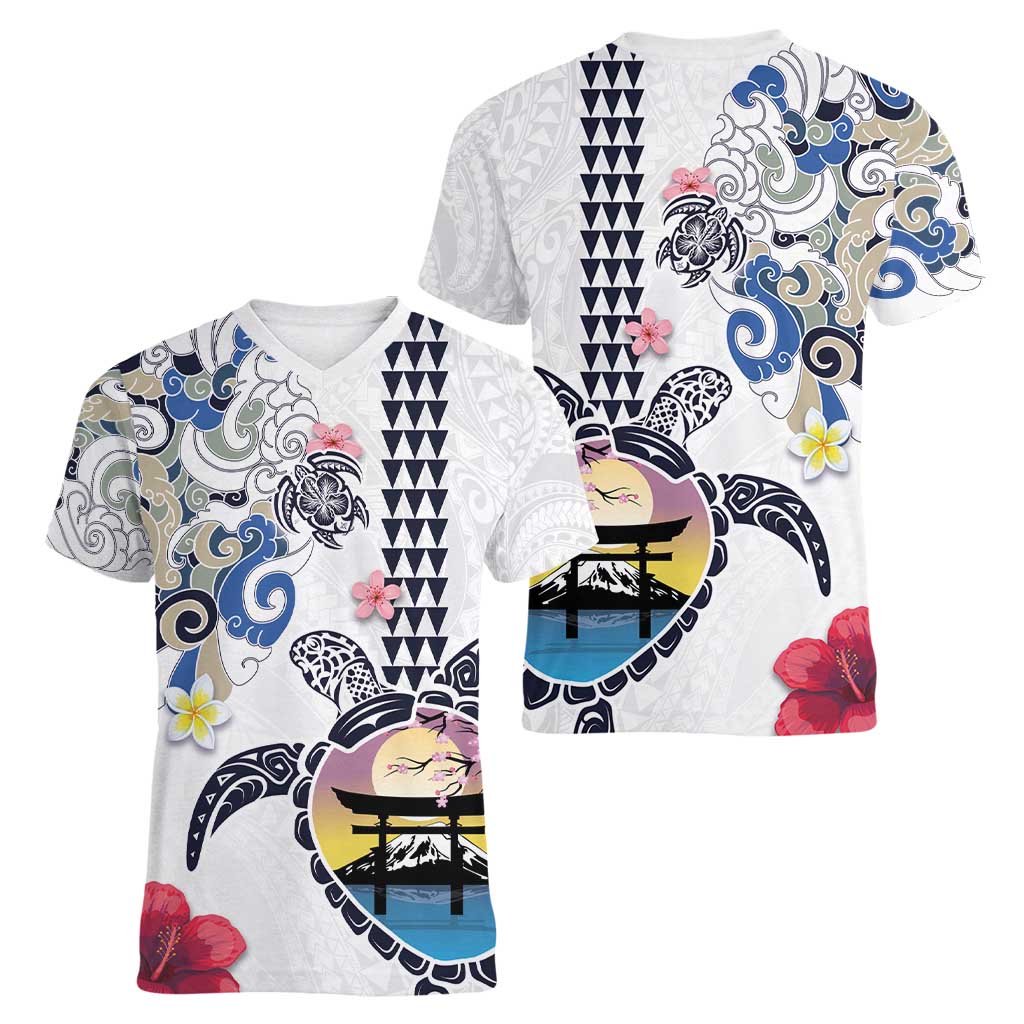 Hawaiian and Japanese Together Women V-Neck T-Shirt Japanese Culture and Turtle Kakau Tattoo White Color
