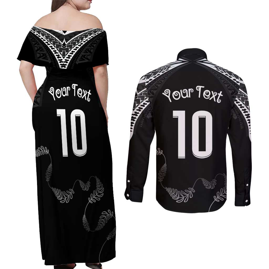 New Zealand Rugby Custom Couples Matching Off Shoulder Maxi Dress and Long Sleeve Button Shirt Aotearoa Armour Blacks Silver Ferns - Polynesian Pride