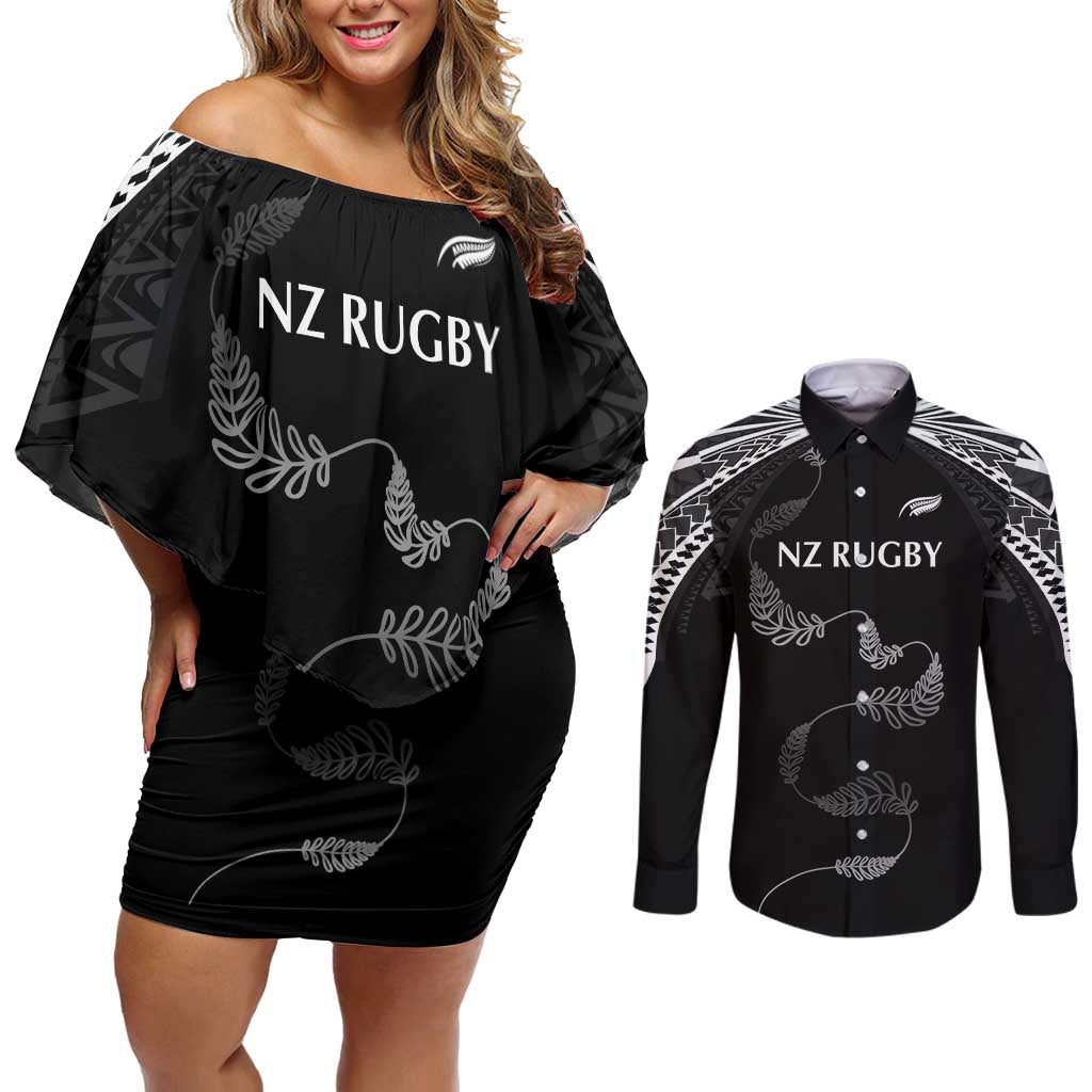 New Zealand Rugby Custom Couples Matching Off Shoulder Short Dress and Long Sleeve Button Shirt Aotearoa Armour Blacks Silver Ferns - Polynesian Pride