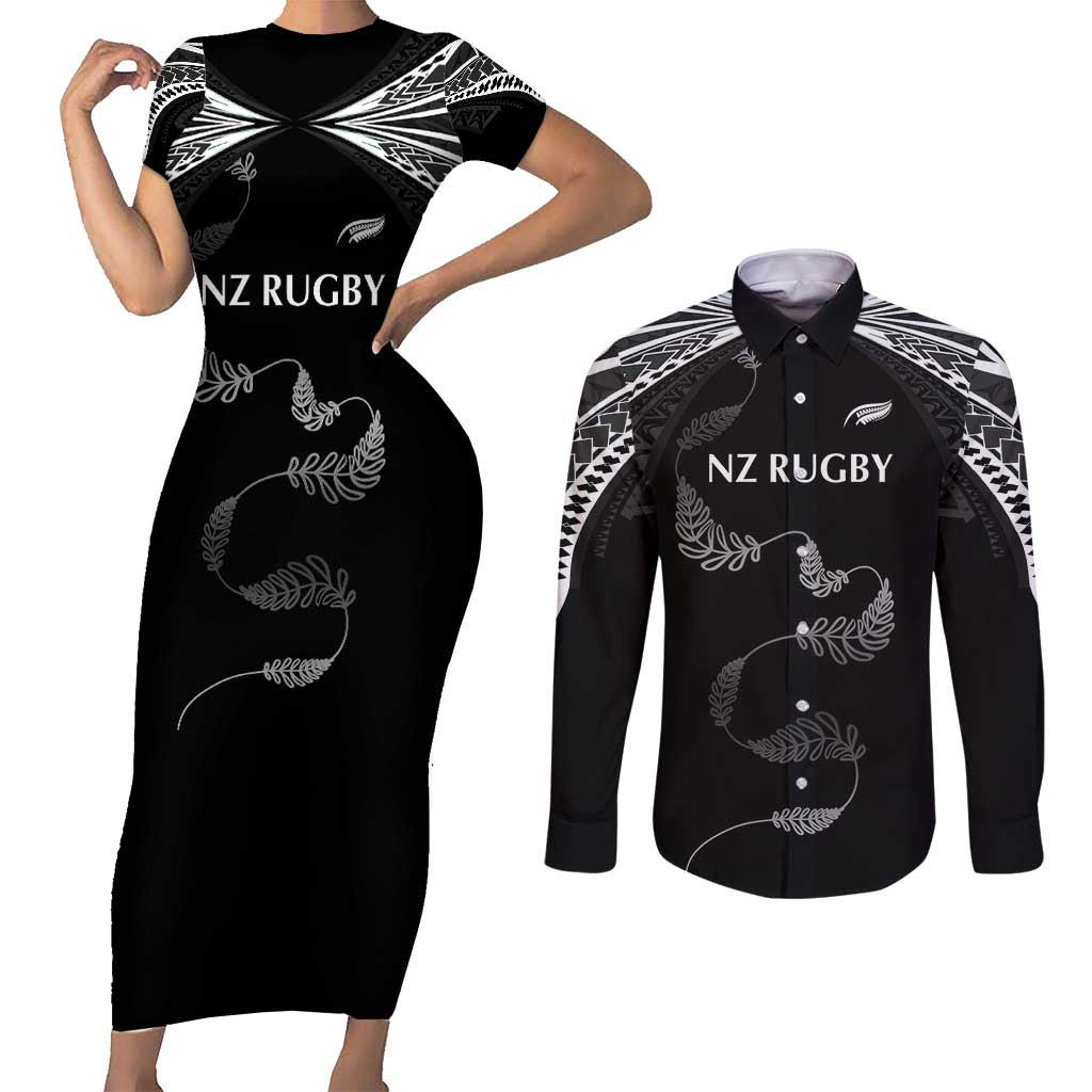 New Zealand Rugby Custom Couples Matching Short Sleeve Bodycon Dress and Long Sleeve Button Shirt Aotearoa Armour Blacks Silver Ferns - Polynesian Pride