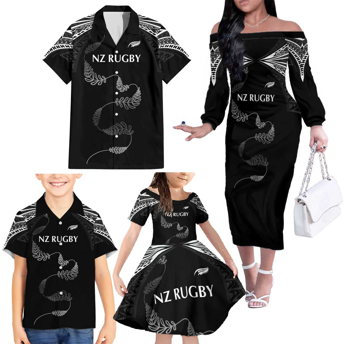 New Zealand Rugby Custom Family Matching Off The Shoulder Long Sleeve Dress and Hawaiian Shirt Aotearoa Armour Blacks Silver Ferns - Polynesian Pride