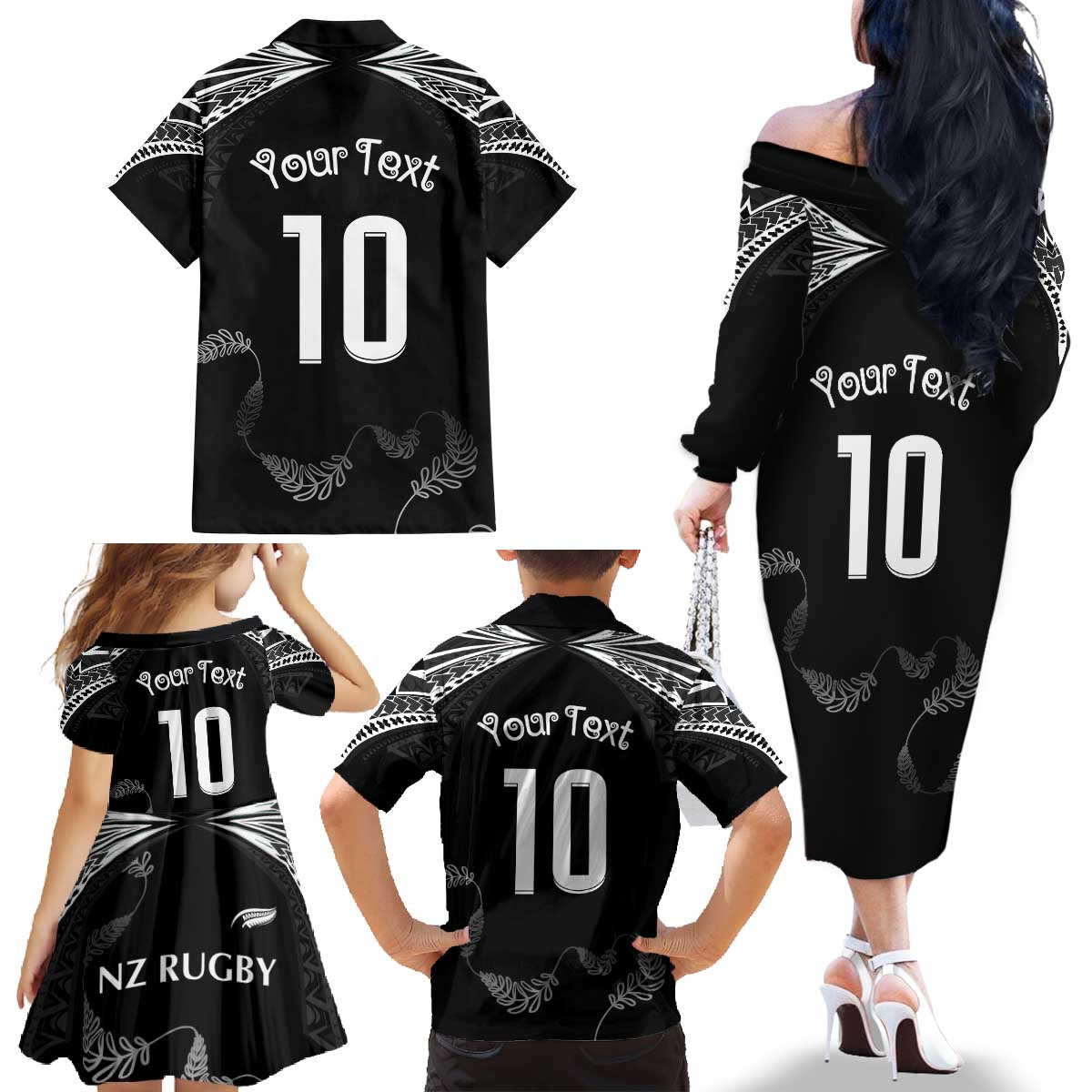 New Zealand Rugby Custom Family Matching Off The Shoulder Long Sleeve Dress and Hawaiian Shirt Aotearoa Armour Blacks Silver Ferns - Polynesian Pride