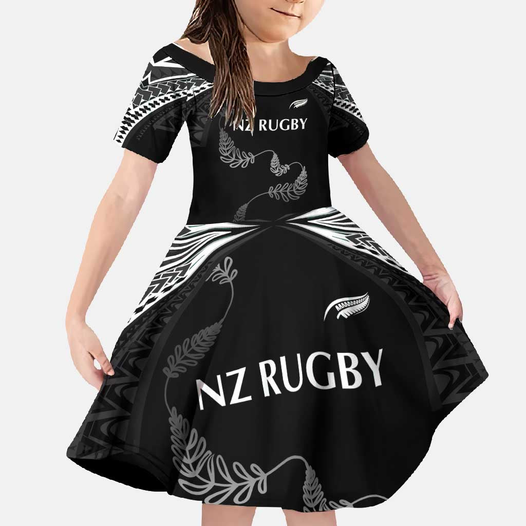 New Zealand Rugby Custom Family Matching Off Shoulder Maxi Dress and Hawaiian Shirt Aotearoa Armour Blacks Silver Ferns - Polynesian Pride