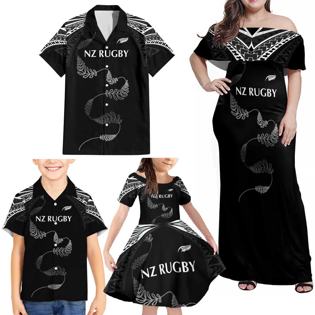 New Zealand Rugby Custom Family Matching Off Shoulder Maxi Dress and Hawaiian Shirt Aotearoa Armour Blacks Silver Ferns - Polynesian Pride