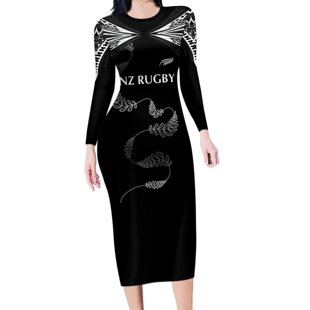 New Zealand Rugby Custom Long Sleeve Bodycon Dress Aotearoa Armour Blacks Silver Ferns - Polynesian Pride
