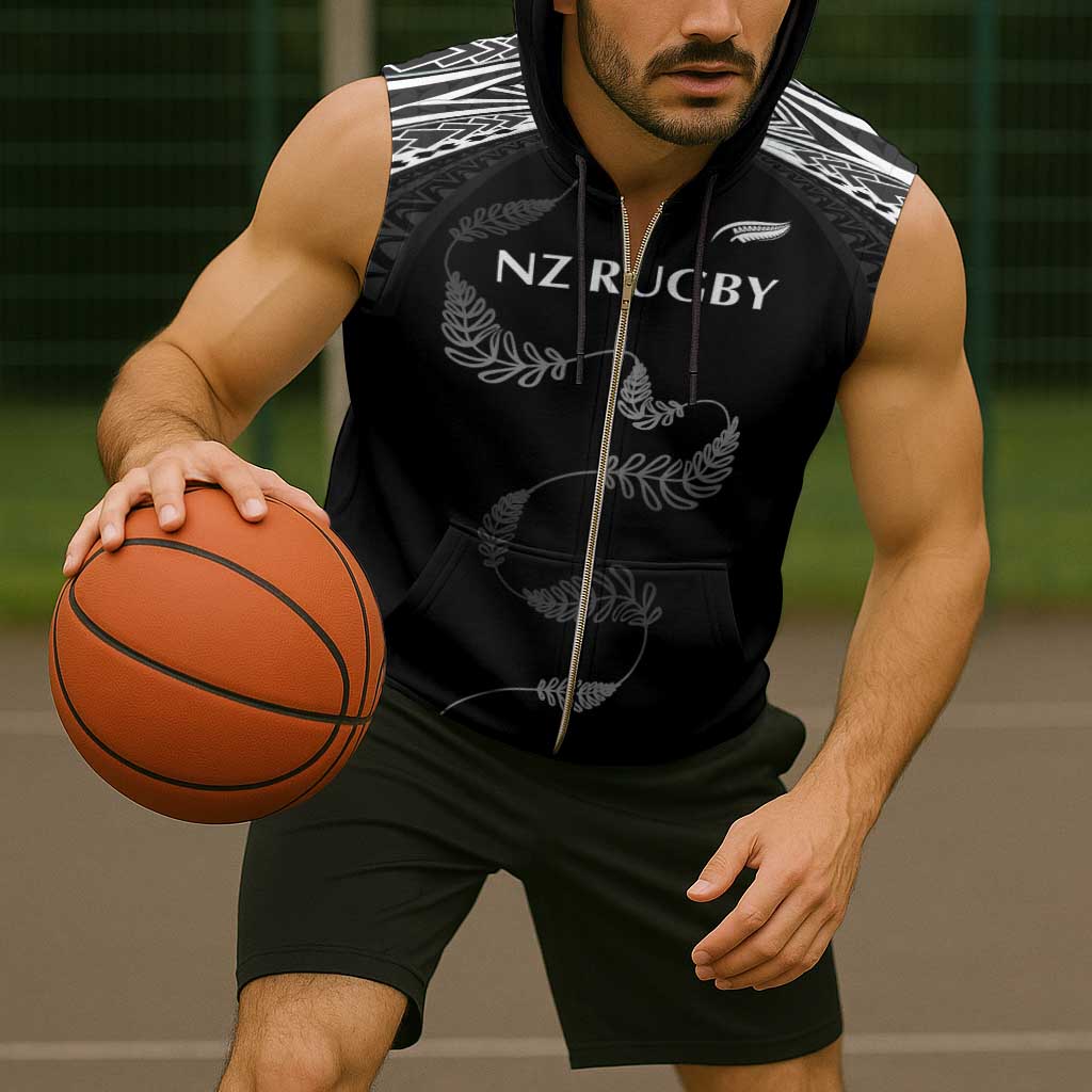 New Zealand Rugby Custom Sleeveless Zip Hoodie Aotearoa Armour Blacks Silver Ferns - Polynesian Pride