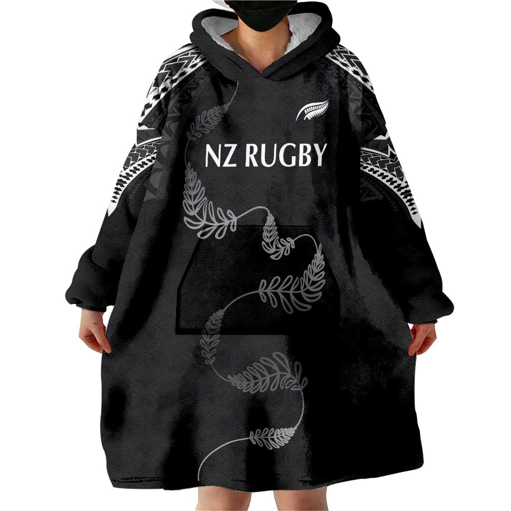 New Zealand Rugby Custom Wearable Blanket Hoodie Aotearoa Armour Blacks Silver Ferns - Polynesian Pride