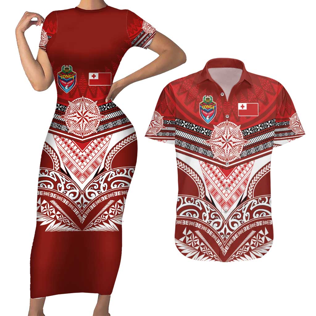 Tonga Rugby Custom Couples Matching Short Sleeve Bodycon Dress and Hawaiian Shirt Mana o Tonga-Tribal Heritage Edition Red Color - Polynesian Pride