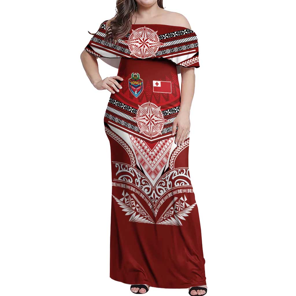 Tonga Rugby Custom Off Shoulder Maxi Dress Mana o Tonga-Tribal Heritage Edition Red Color - Polynesian Pride