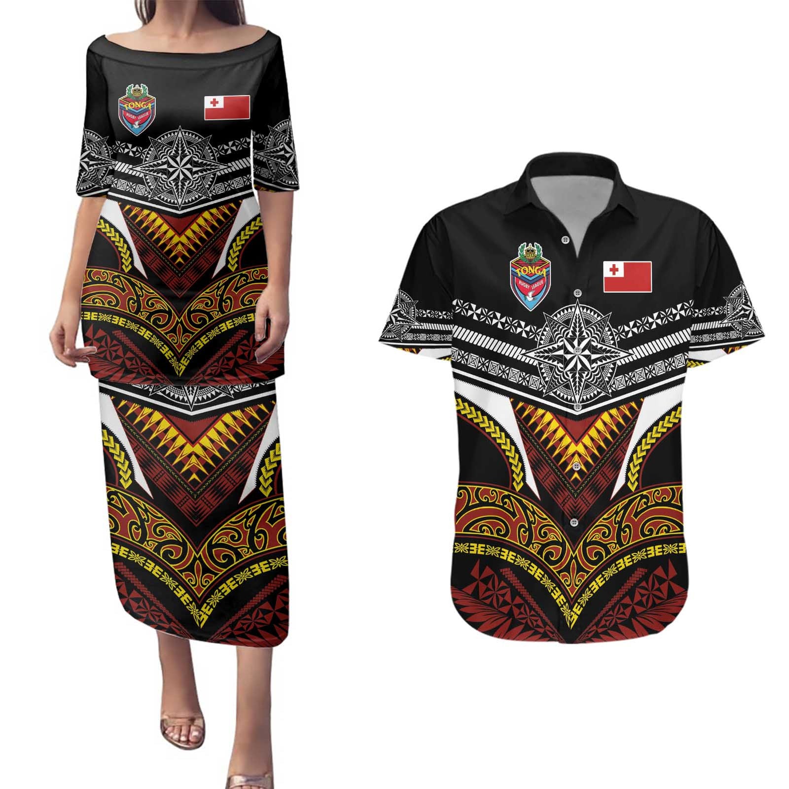Tonga Rugby Custom Couples Matching Puletasi and Hawaiian Shirt Mana o Tonga-Tribal Heritage Edition Black Color - Polynesian Pride
