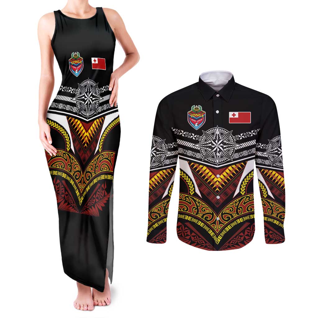 Tonga Rugby Custom Couples Matching Tank Maxi Dress and Long Sleeve Button Shirt Mana o Tonga-Tribal Heritage Edition Black Color - Polynesian Pride