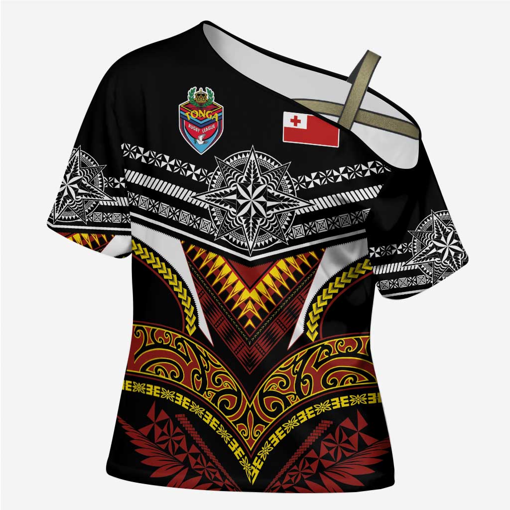 Tonga Rugby Custom Cross Shoulder Shirt Mana o Tonga-Tribal Heritage Edition Black Color LT03 Female Red - Polynesian Pride