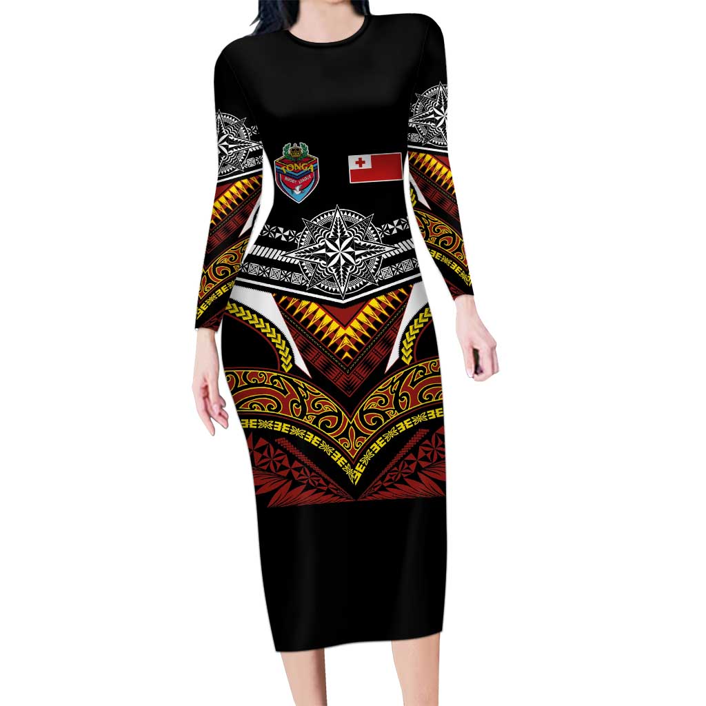 Tonga Rugby Custom Long Sleeve Bodycon Dress Mana o Tonga-Tribal Heritage Edition Black Color - Polynesian Pride