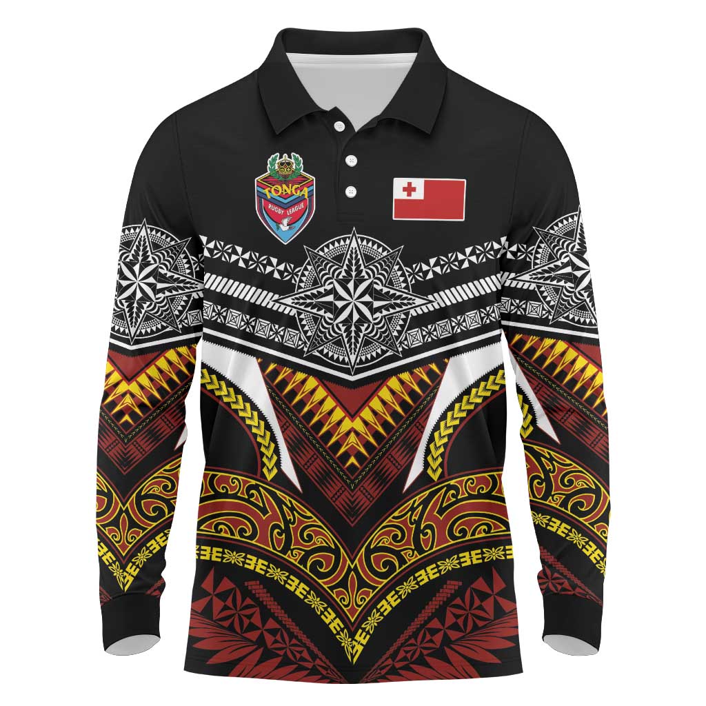 Tonga Rugby Custom Long Sleeve Polo Shirt Mana o Tonga-Tribal Heritage Edition Black Color - Polynesian Pride