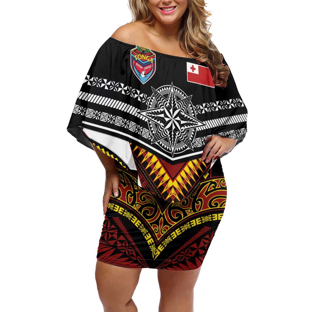 Tonga Rugby Custom Off Shoulder Short Dress Mana o Tonga-Tribal Heritage Edition Black Color - Polynesian Pride