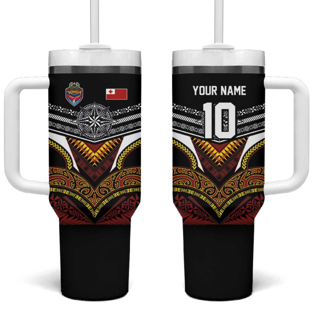 Tonga Rugby Custom Tumbler With Handle Mana o Tonga-Tribal Heritage Edition Black Color - Polynesian Pride
