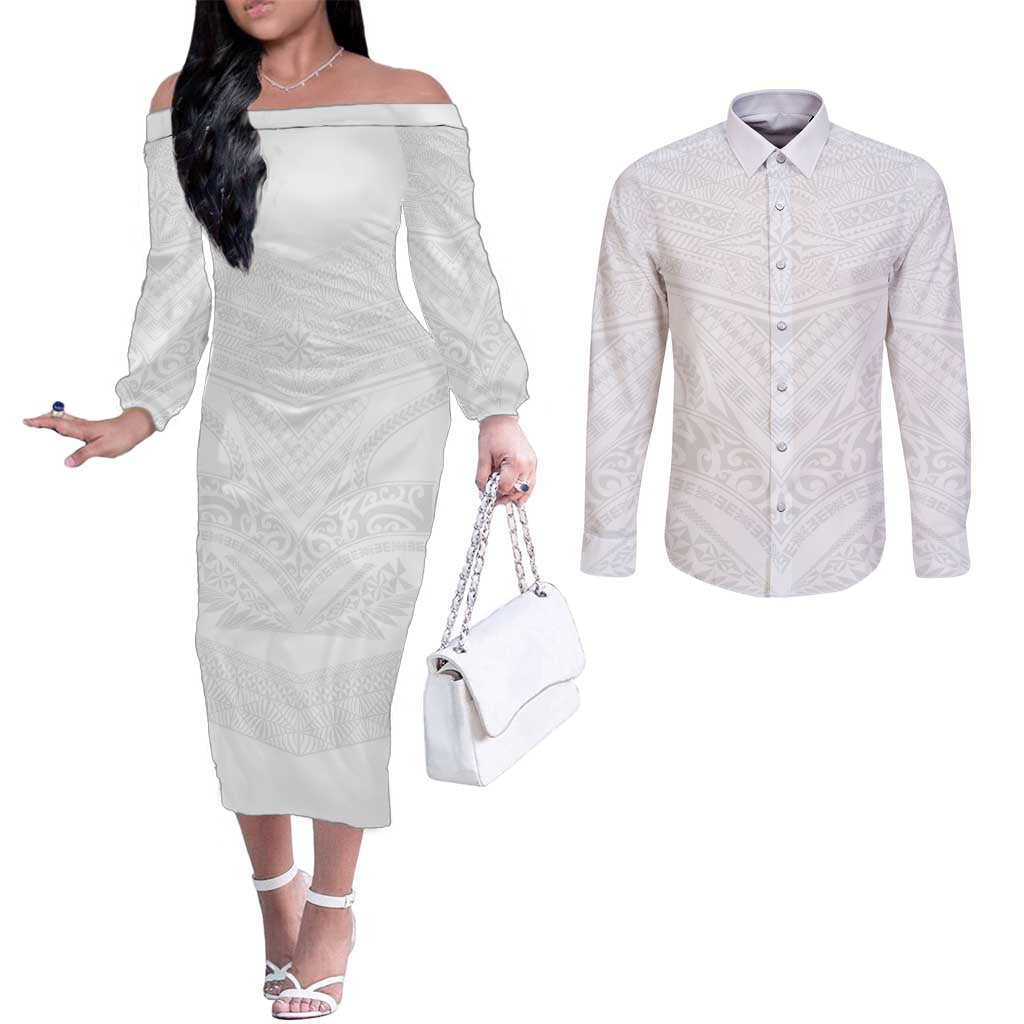 Tonga White Sunday Couples Matching Off The Shoulder Long Sleeve Dress and Long Sleeve Button Shirt Tongan Tribal Heritage Tattoos - Polynesian Pride