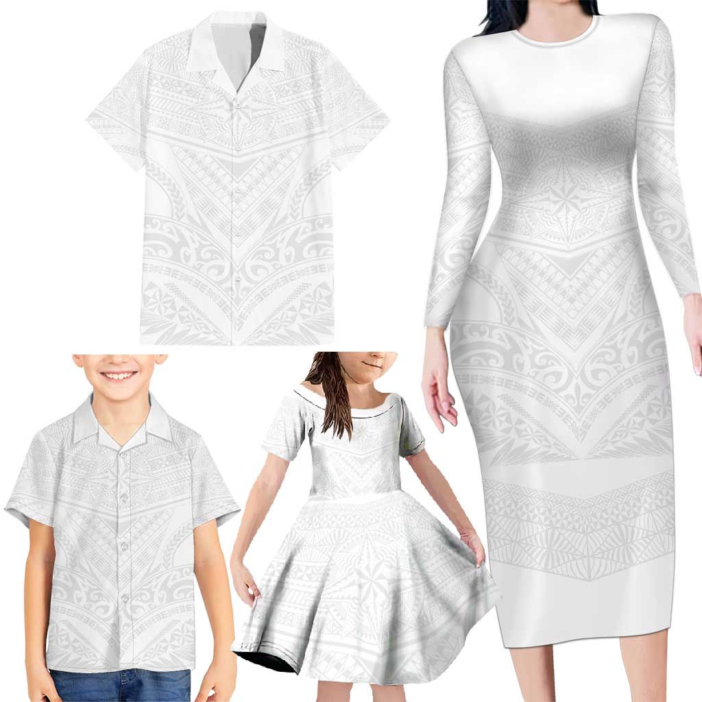Tonga White Sunday Family Matching Long Sleeve Bodycon Dress and Hawaiian Shirt Tongan Tribal Heritage Tattoos - Polynesian Pride