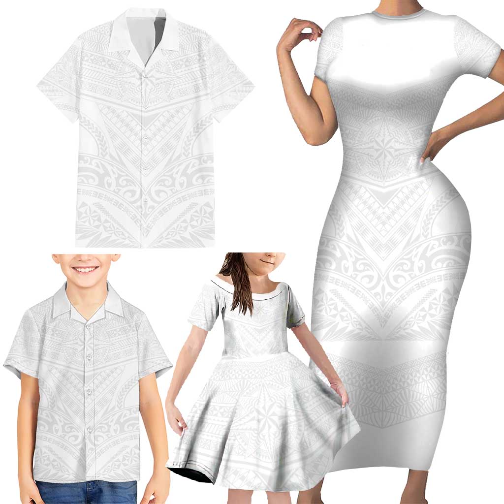 Tonga White Sunday Family Matching Short Sleeve Bodycon Dress and Hawaiian Shirt Tongan Tribal Heritage Tattoos - Polynesian Pride