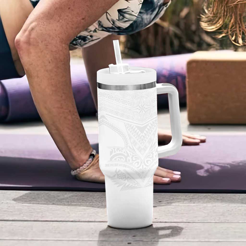 Tonga White Sunday Tumbler With Handle Tongan Tribal Heritage Tattoos - Polynesian Pride