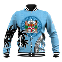 Personalised Fiji Baseball Jacket Tapa Pattern Fijian Coat of Arms and Palm Tree LT03 Unisex Blue - Polynesian Pride