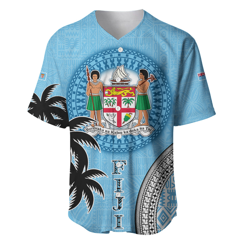 Personalised Fiji Baseball Jersey Tapa Pattern Fijian Coat of Arms and Palm Tree LT03 Blue - Polynesian Pride