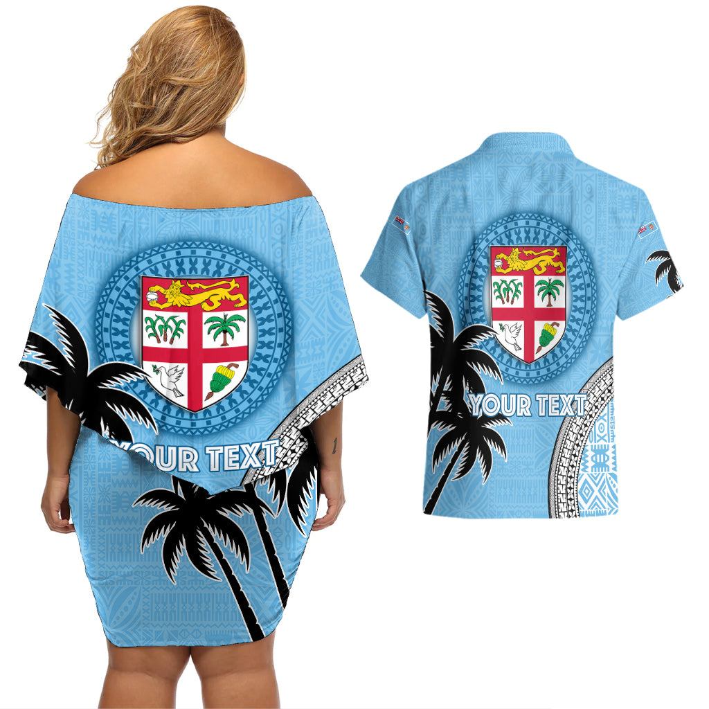 Personalised Fiji Couples Matching Off Shoulder Short Dress and Hawaiian Shirt Tapa Pattern Fijian Coat of Arms and Palm Tree LT03 - Polynesian Pride