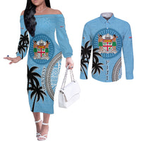 Personalised Fiji Couples Matching Off The Shoulder Long Sleeve Dress and Long Sleeve Button Shirts Tapa Pattern Fijian Coat of Arms and Palm Tree LT03 Blue - Polynesian Pride