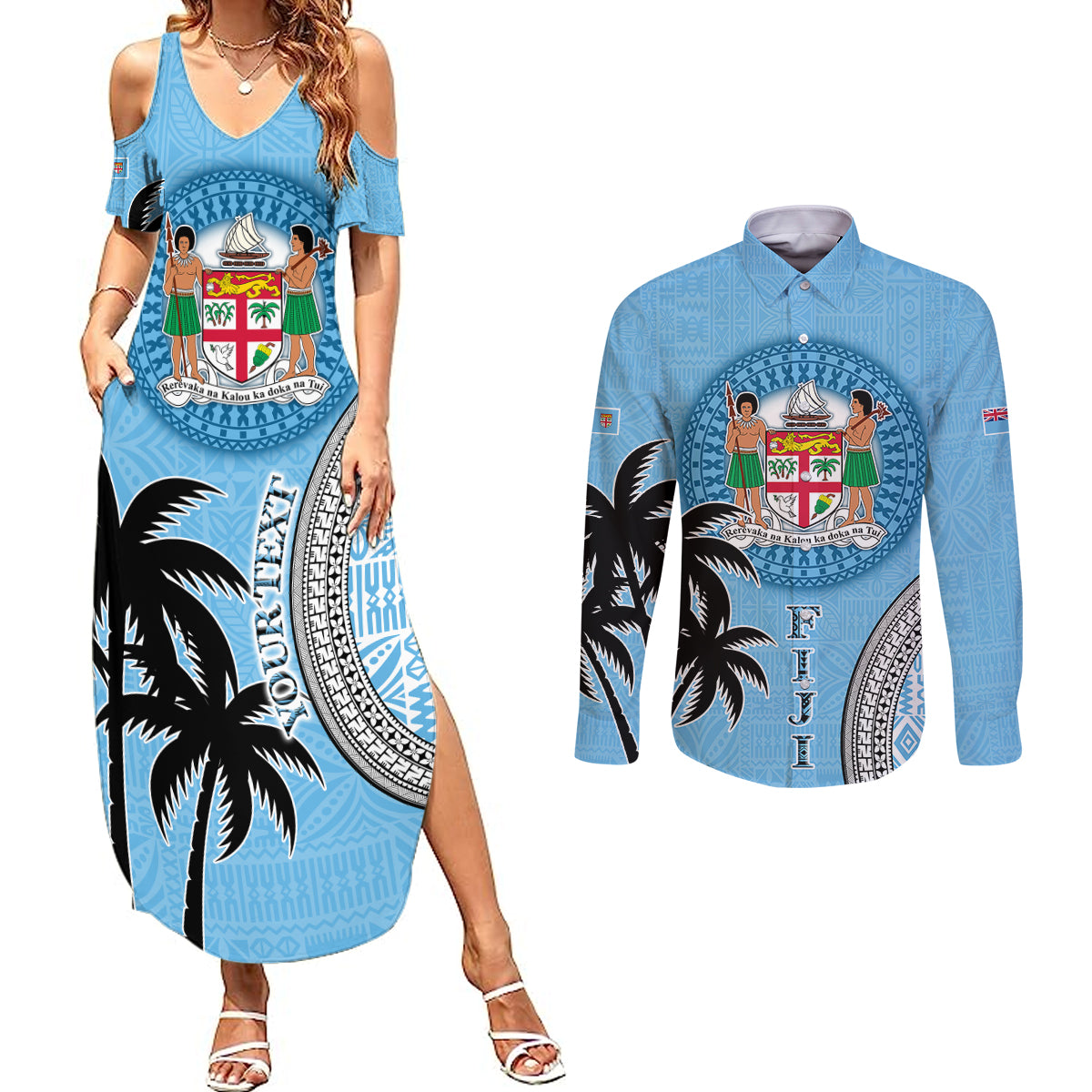 Personalised Fiji Couples Matching Summer Maxi Dress and Long Sleeve Button Shirts Tapa Pattern Fijian Coat of Arms and Palm Tree LT03 Blue - Polynesian Pride