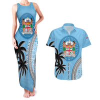 Personalised Fiji Couples Matching Tank Maxi Dress and Hawaiian Shirt Tapa Pattern Fijian Coat of Arms and Palm Tree LT03 Blue - Polynesian Pride