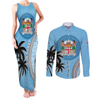 Personalised Fiji Couples Matching Tank Maxi Dress and Long Sleeve Button Shirts Tapa Pattern Fijian Coat of Arms and Palm Tree LT03 Blue - Polynesian Pride