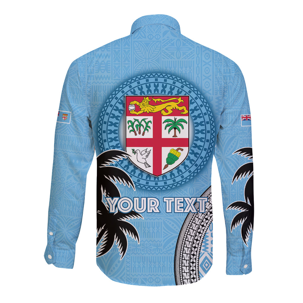 Personalised Fiji Long Sleeve Button Shirt Tapa Pattern Fijian Coat of Arms and Palm Tree LT03 - Polynesian Pride