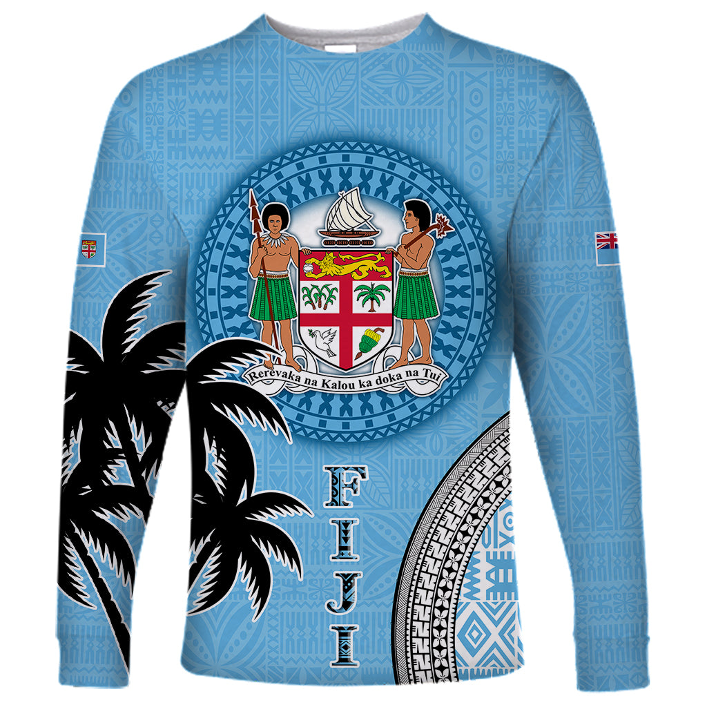 Personalised Fiji Long Sleeve Shirt Tapa Pattern Fijian Coat of Arms and Palm Tree LT03 Unisex Blue - Polynesian Pride