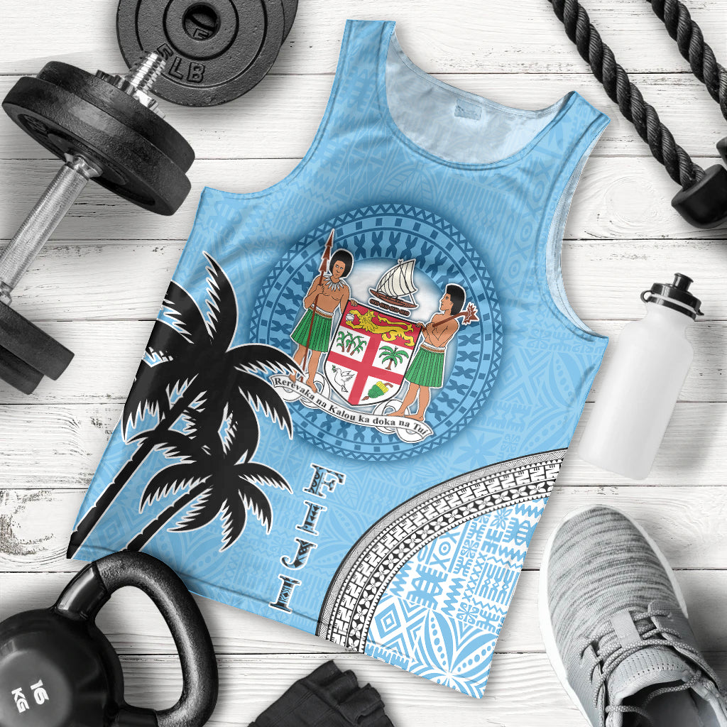 Personalised Fiji Men Tank Top Tapa Pattern Fijian Coat of Arms and Palm Tree LT03 Blue - Polynesian Pride