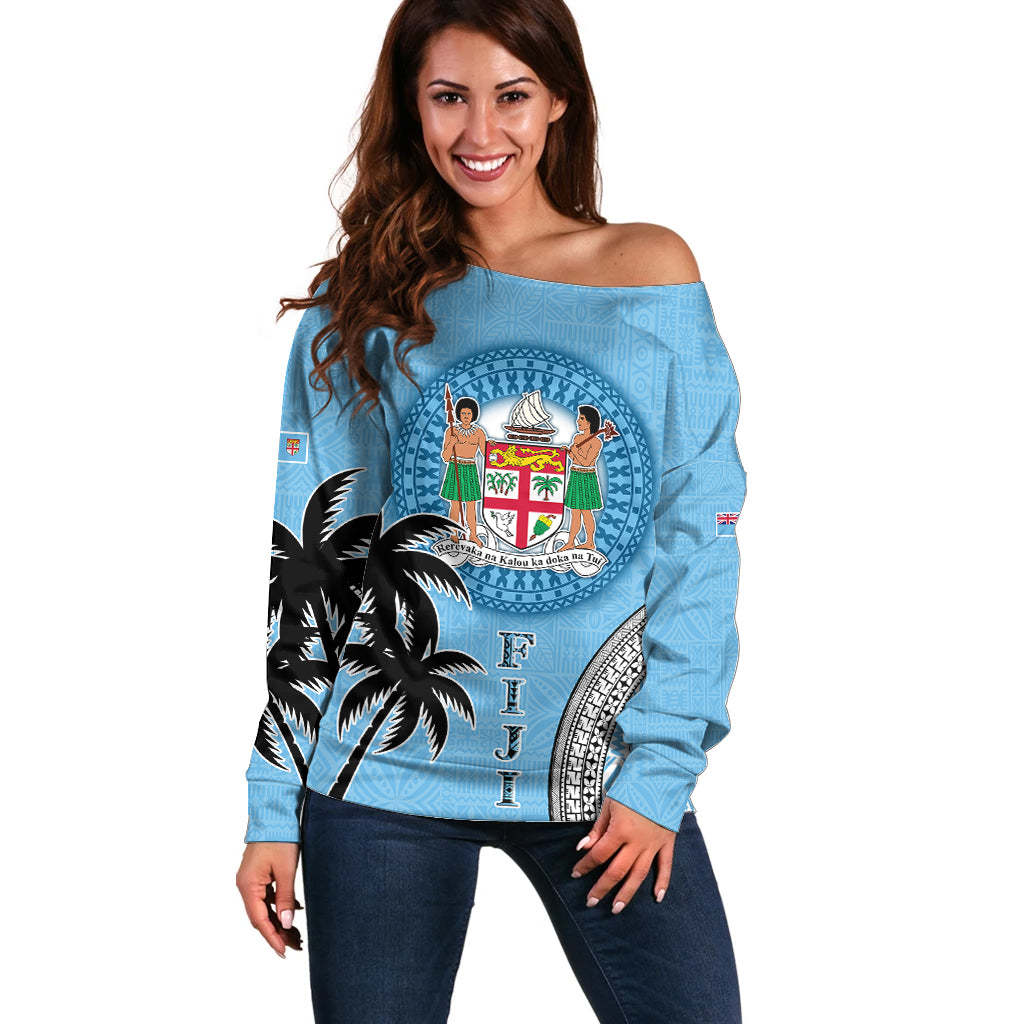 Personalised Fiji Off Shoulder Sweater Tapa Pattern Fijian Coat of Arms and Palm Tree LT03 Women Blue - Polynesian Pride