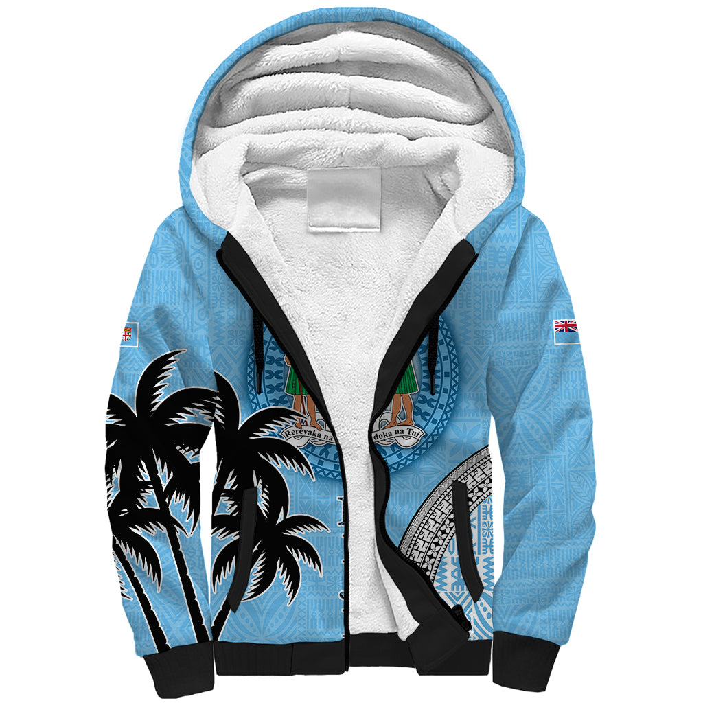 Personalised Fiji Sherpa Hoodie Tapa Pattern Fijian Coat of Arms and Palm Tree LT03 Unisex Blue - Polynesian Pride