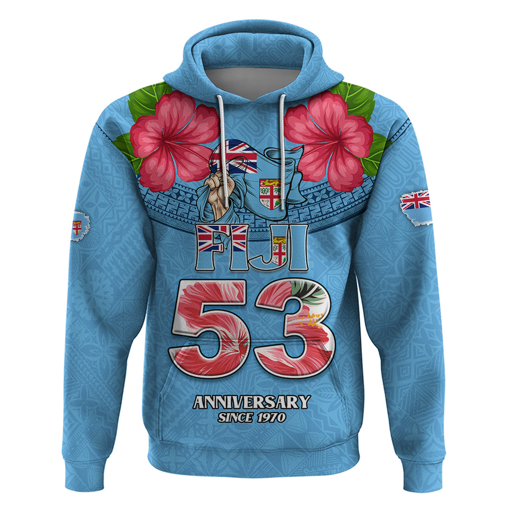 Fiji Independence Day Hoodie 53rd Anniversary Fijian Flag Tapa Pattern LT03 Pullover Hoodie Blue - Polynesian Pride