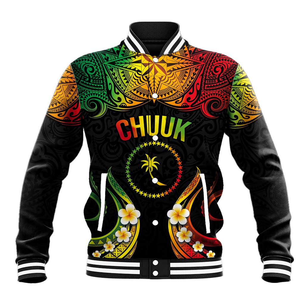 Personalised Chuuk Independence Day Baseball Jacket Polynesian Tattoo and Plumeria Reggae Color