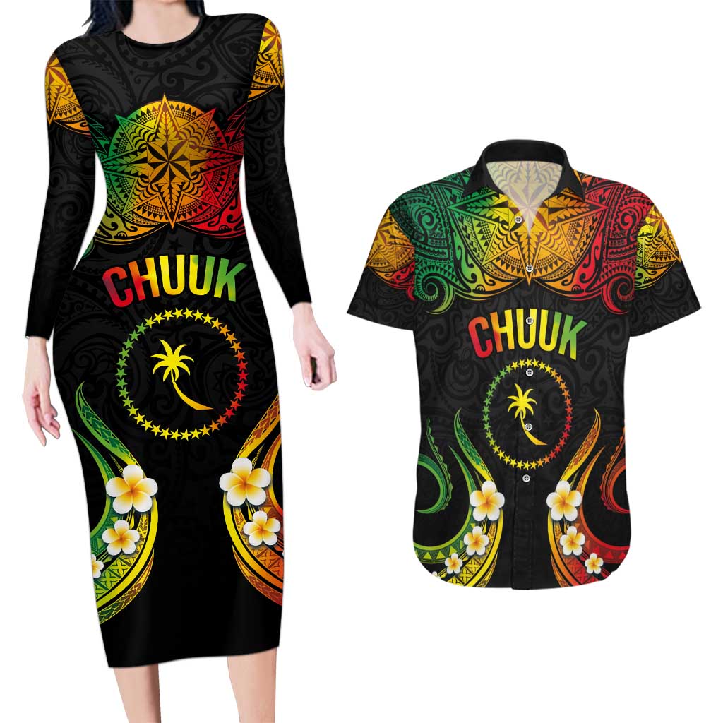 Personalised Chuuk Independence Day Couples Matching Long Sleeve Bodycon Dress and Hawaiian Shirt Polynesian Tattoo and Plumeria Reggae Color