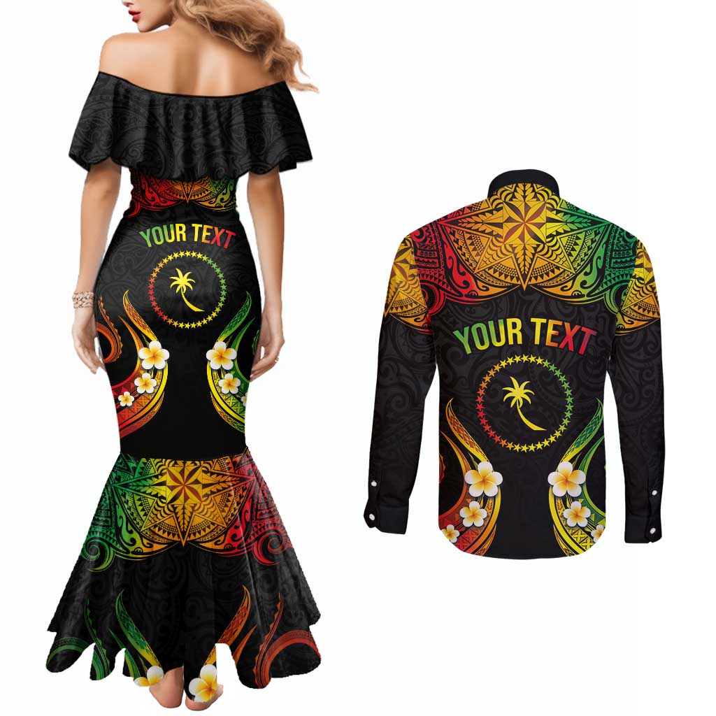 Personalised Chuuk Independence Day Couples Matching Mermaid Dress and Long Sleeve Button Shirt Polynesian Tattoo and Plumeria Reggae Color