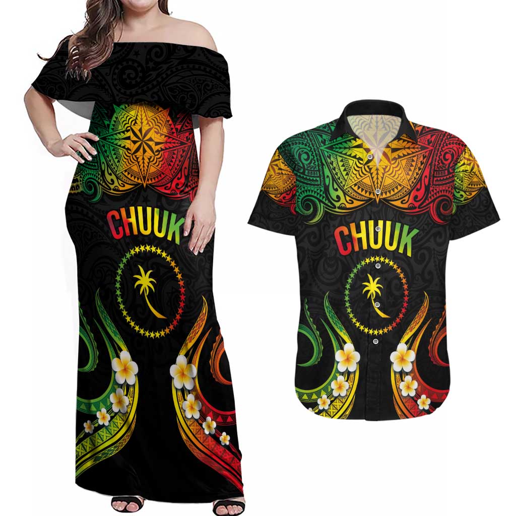 Personalised Chuuk Independence Day Couples Matching Off Shoulder Maxi Dress and Hawaiian Shirt Polynesian Tattoo and Plumeria Reggae Color