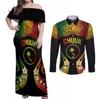 Personalised Chuuk Independence Day Couples Matching Off Shoulder Maxi Dress and Long Sleeve Button Shirt Polynesian Tattoo and Plumeria Reggae Color