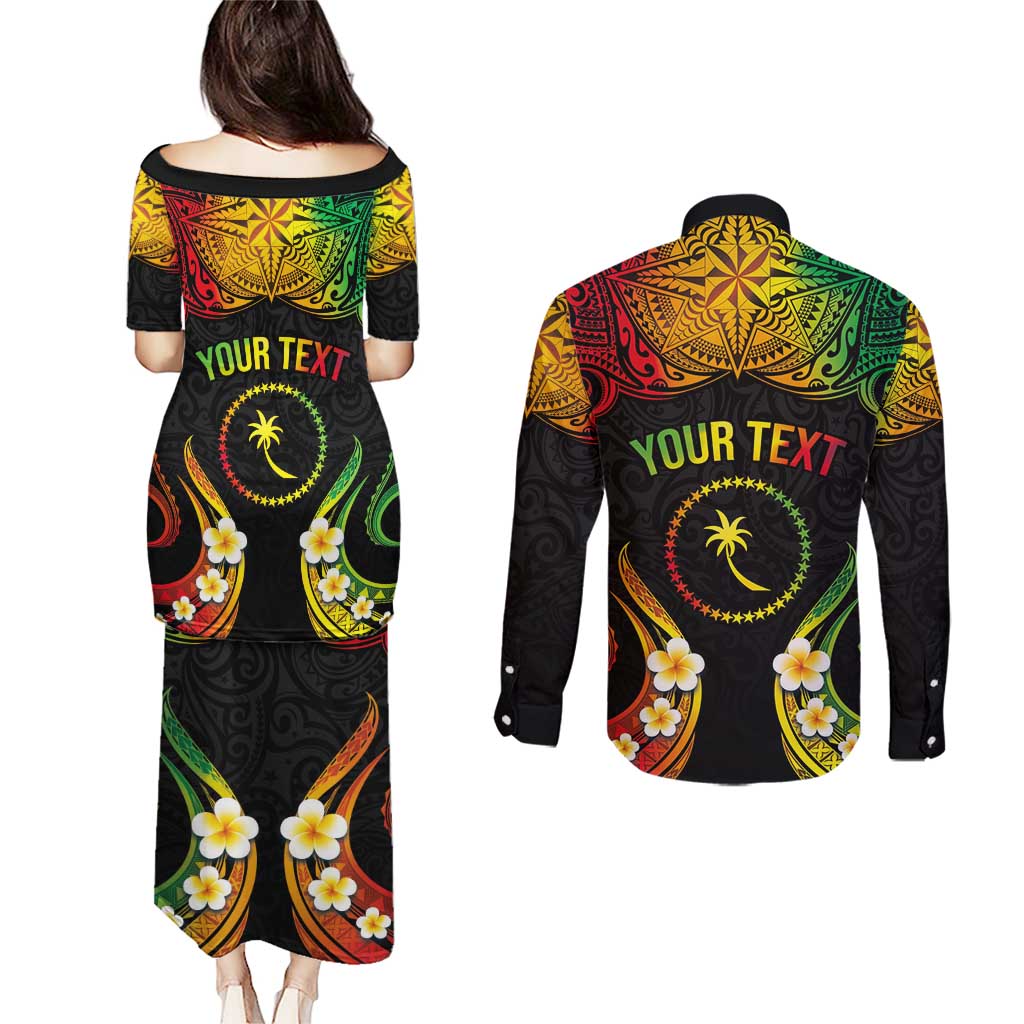 Personalised Chuuk Independence Day Couples Matching Puletasi and Long Sleeve Button Shirt Polynesian Tattoo and Plumeria Reggae Color