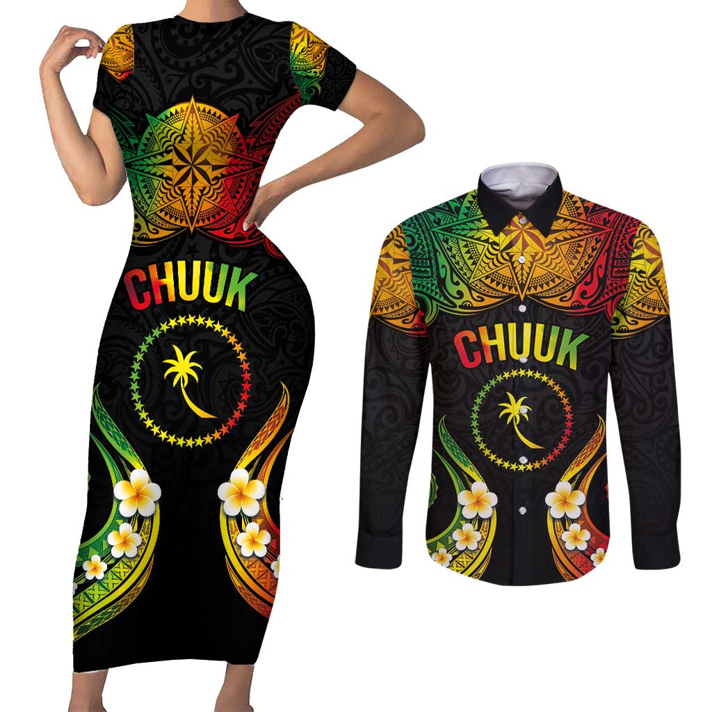 Personalised Chuuk Independence Day Couples Matching Short Sleeve Bodycon Dress and Long Sleeve Button Shirt Polynesian Tattoo and Plumeria Reggae Color