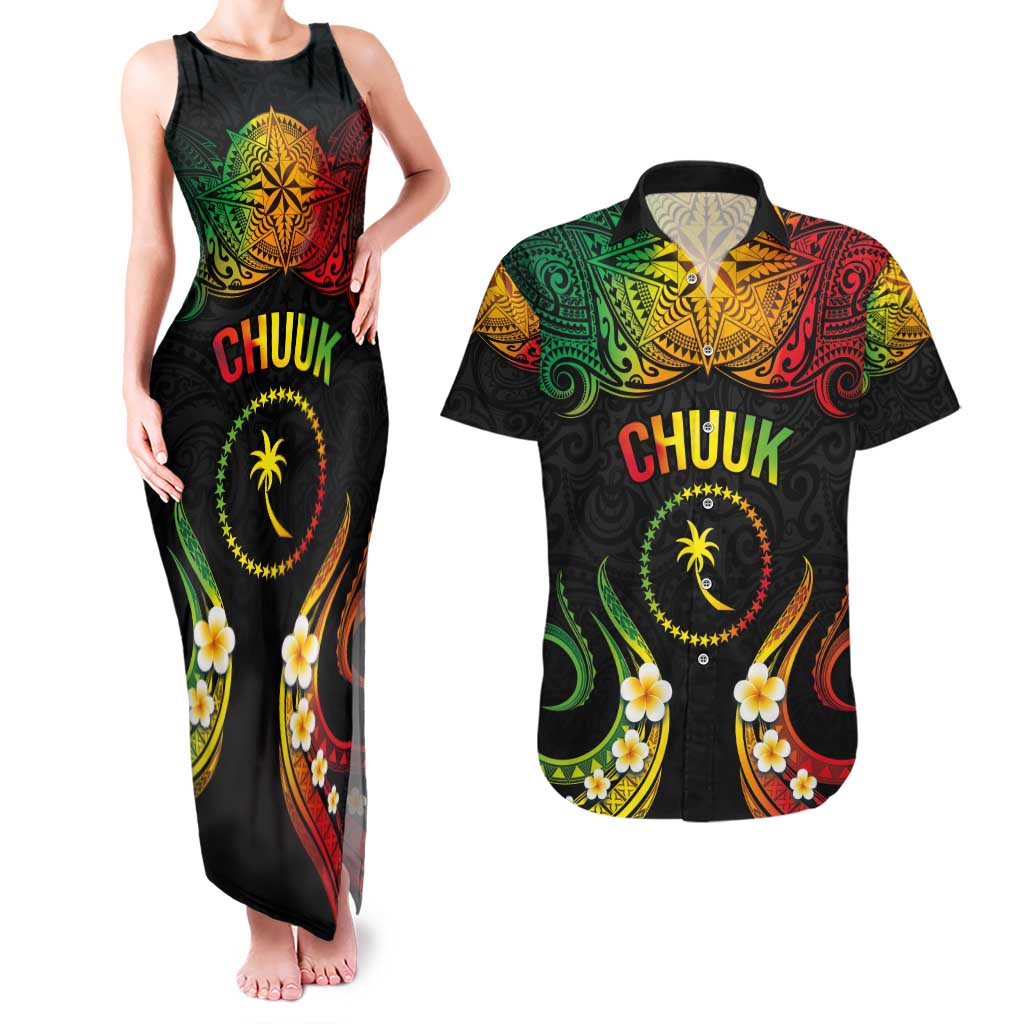 Personalised Chuuk Independence Day Couples Matching Tank Maxi Dress and Hawaiian Shirt Polynesian Tattoo and Plumeria Reggae Color