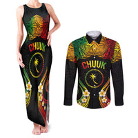 Personalised Chuuk Independence Day Couples Matching Tank Maxi Dress and Long Sleeve Button Shirt Polynesian Tattoo and Plumeria Reggae Color