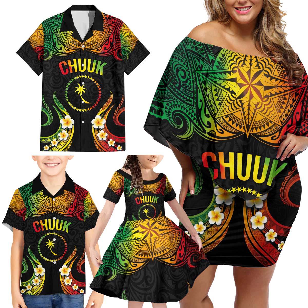 Personalised Chuuk Independence Day Family Matching Off Shoulder Short Dress and Hawaiian Shirt Polynesian Tattoo and Plumeria Reggae Color