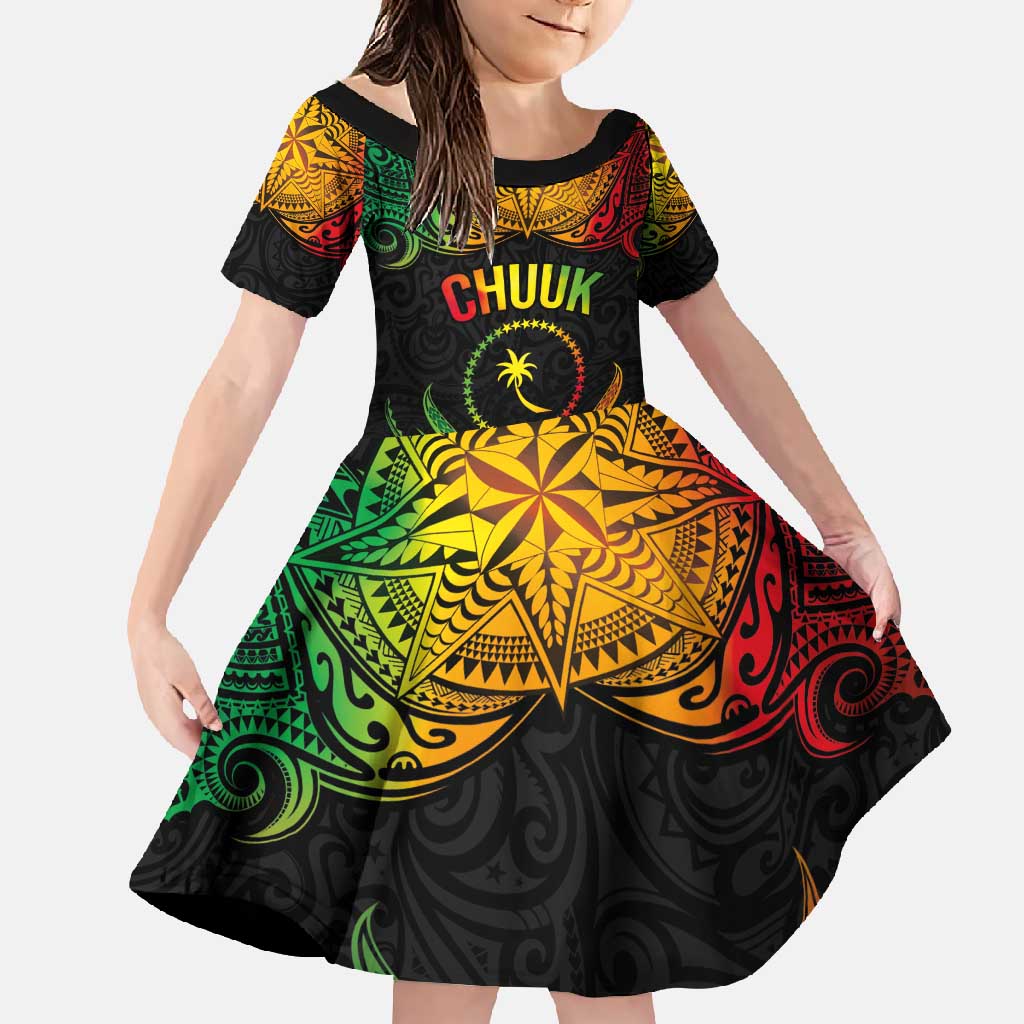 Personalised Chuuk Independence Day Family Matching Short Sleeve Bodycon Dress and Hawaiian Shirt Polynesian Tattoo and Plumeria Reggae Color