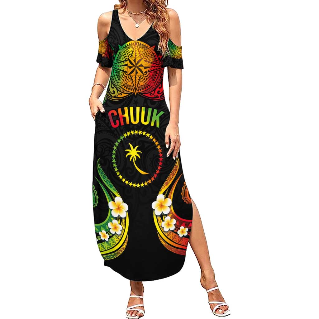 Personalised Chuuk Independence Day Family Matching Summer Maxi Dress and Hawaiian Shirt Polynesian Tattoo and Plumeria Reggae Color